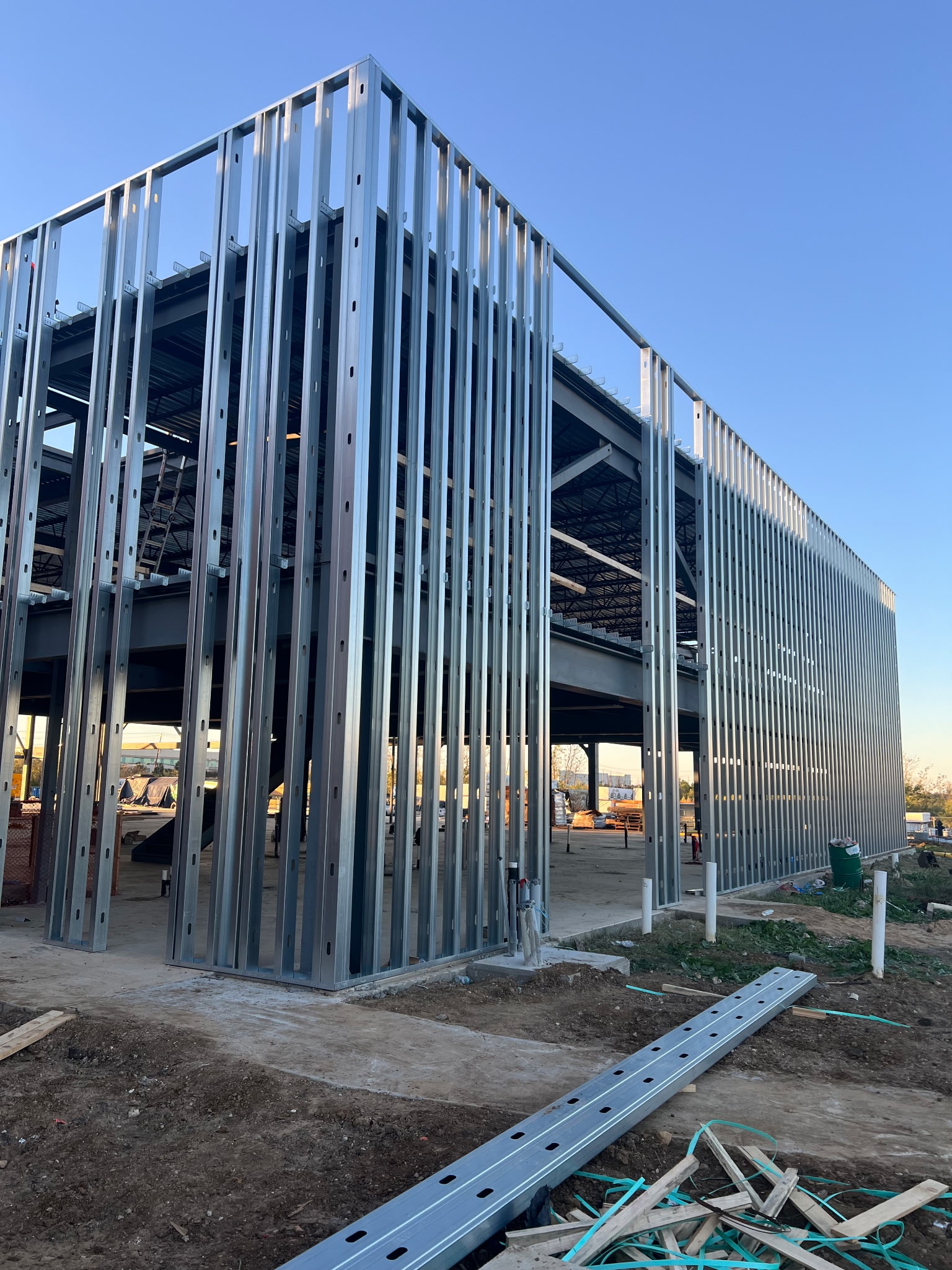 Metal stud framing on the exterior of a building under construction