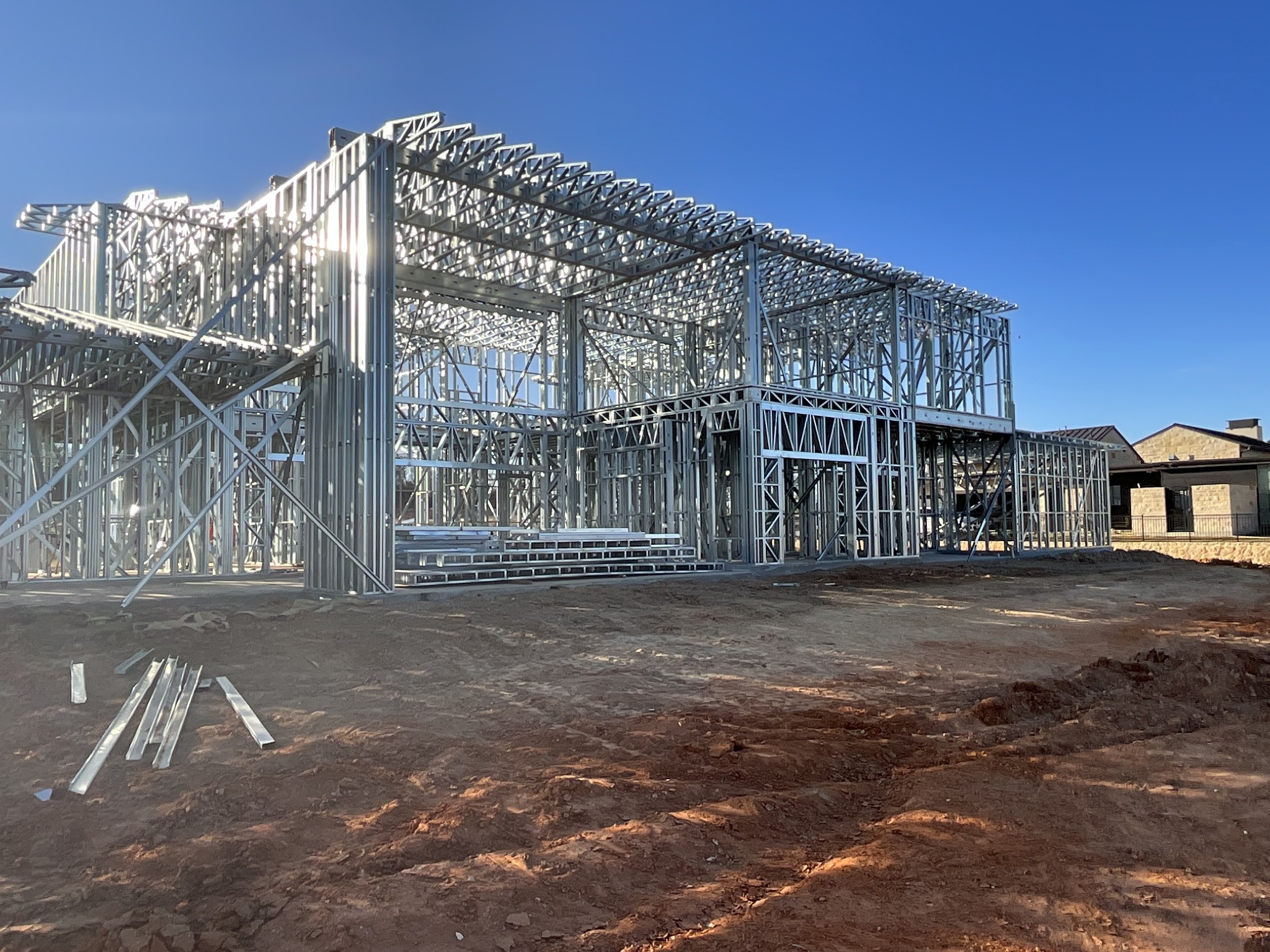 Metal framing structure at a residential construction site